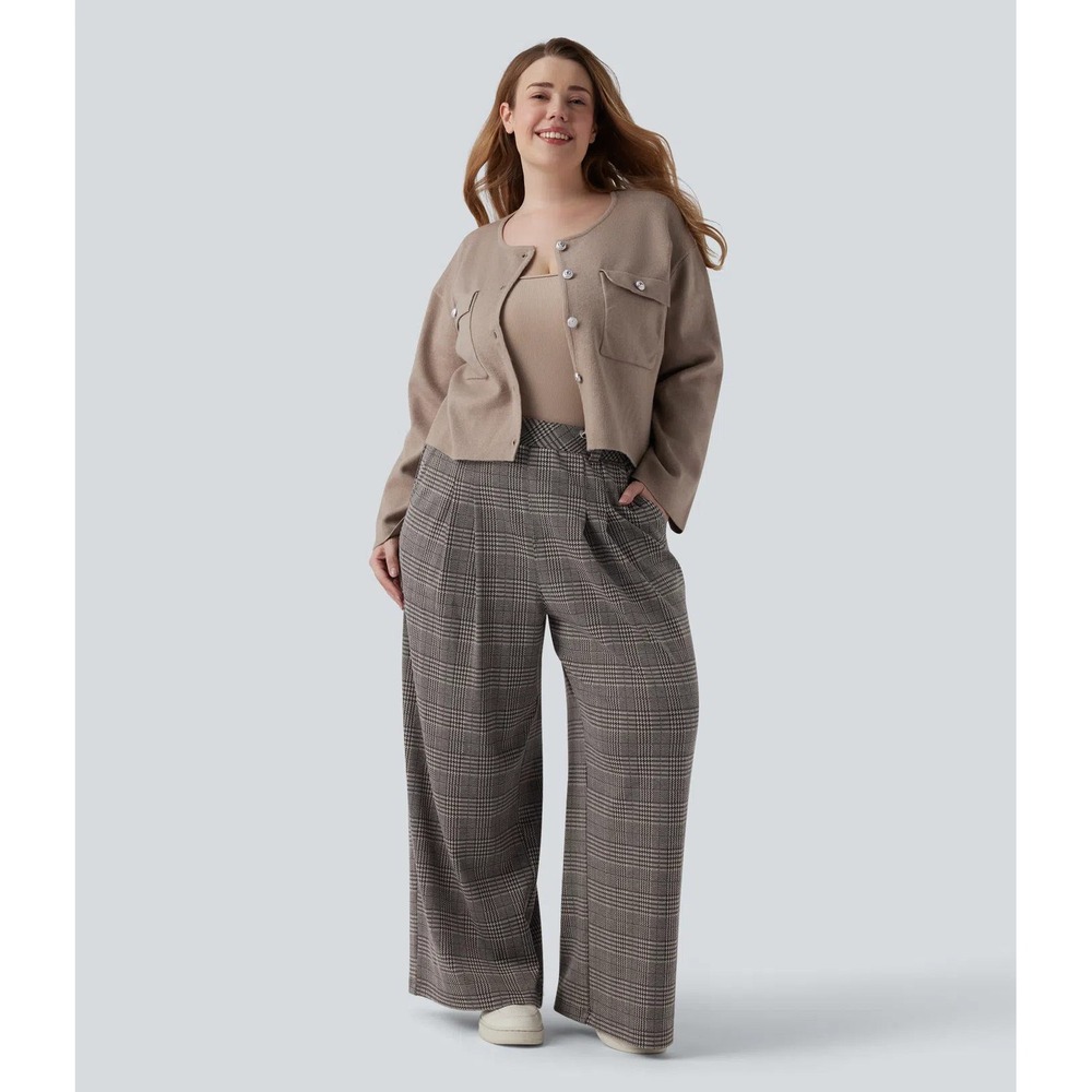 Halara 1X High Waisted Wide Leg Houndstooth Glen Plaid Casual Pants Pockets NWT